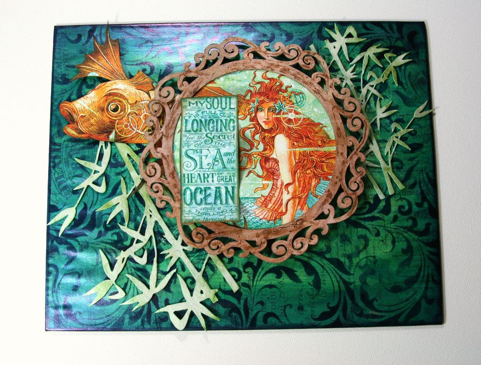 Curl sentiment box fussy cut from G45 Voyage Beneath the Sea Neptune's Adventure. Secure to focal image with hot glue.