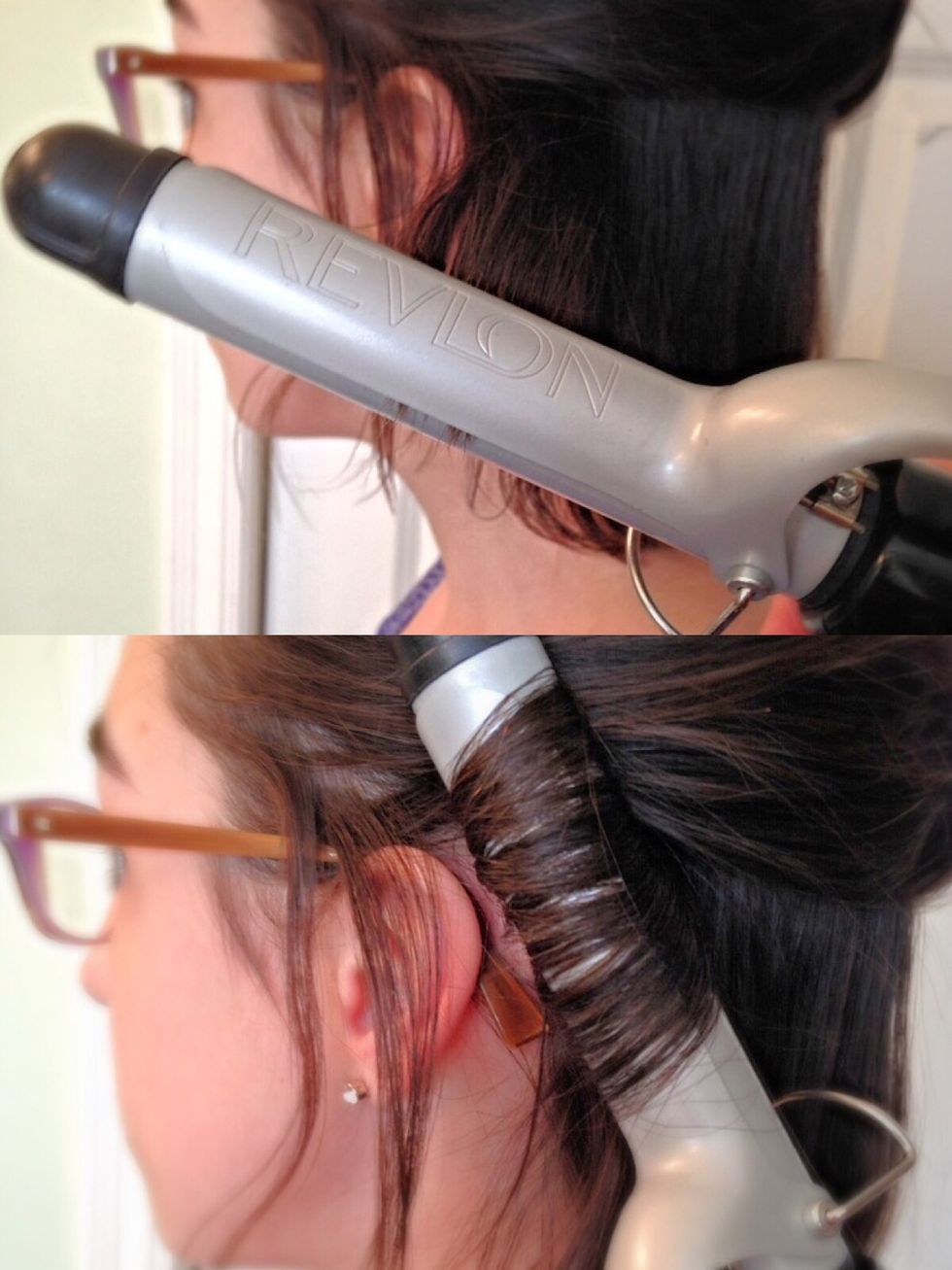 *CURLING IRON IS HOT* Take a section of your hair on the bottom half and have the tip of your hair in the curling iron. Wrap the rest of your hair around the curling iron.