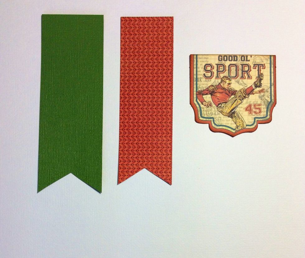 Cut 1 card stock strip at 4 3/4 x 1 5/8 and 1 patterned paper strip at 4 1/2 x 1 3/8 inches. Cut chevrons in one end. Ink edges of strips and the banner part pictured ( Good Ol sport banners pack )