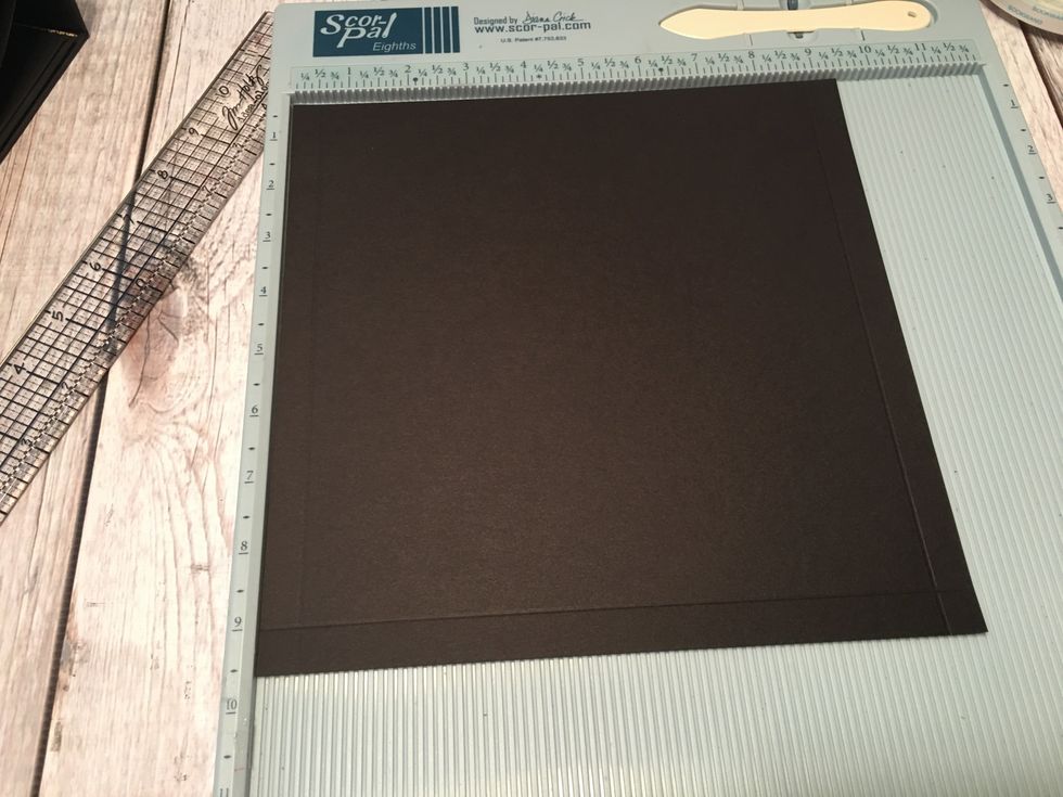 Cut 1 each card stock 9 3/8" wide x 9 1/2" tall.  Score 9 3/8" side @ 1/2" & 8 7/8", turn and score 9 1/2" side on ONE side only @ 1/2".