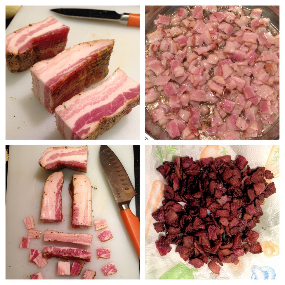 Cut 1 lb of bacon in thirds - halve each third - cut each halve in two lengthwise - cut into squares - add to pan on med low to render - bump heat when all bacon is in the pan - set aside crisp bacon.