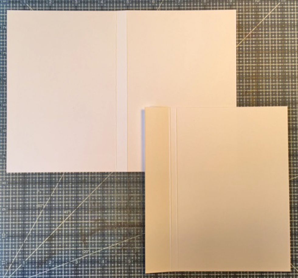 Cut (2) 6 1/4"h x 8 7/8"w rectangles of card stock for left flap. Score at 4 1/4" from each side. Cut (2) 5 1/2"h x 6 1/4"w rectangles for right flap. Score at 1" and 1 1/4" from one side.