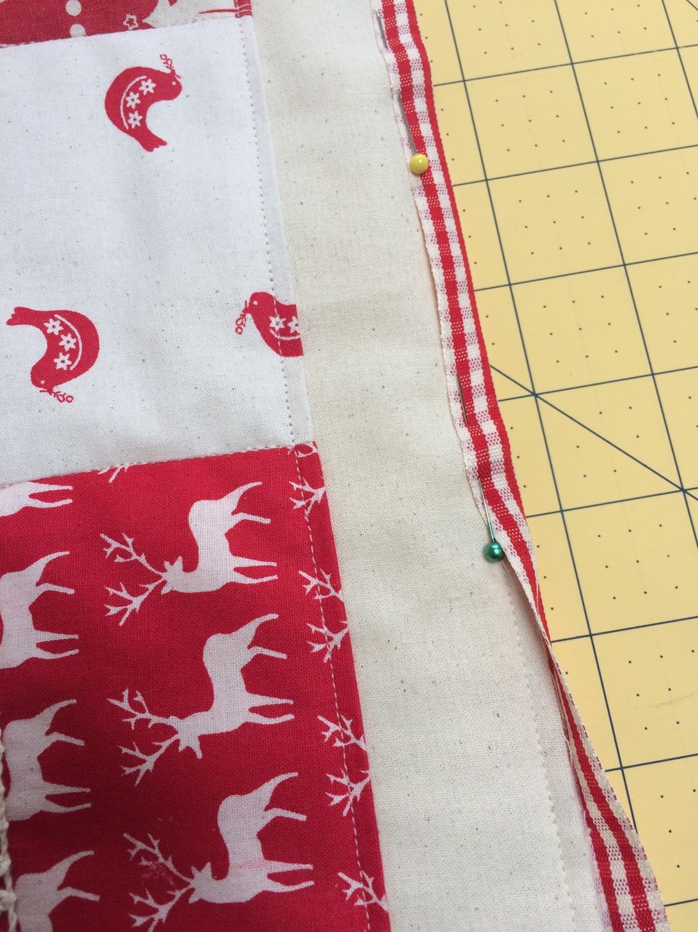 Cut 2.6 mts of ribbon and fold in half lengthwise. Sew all around covering raw edges and overlap to finish