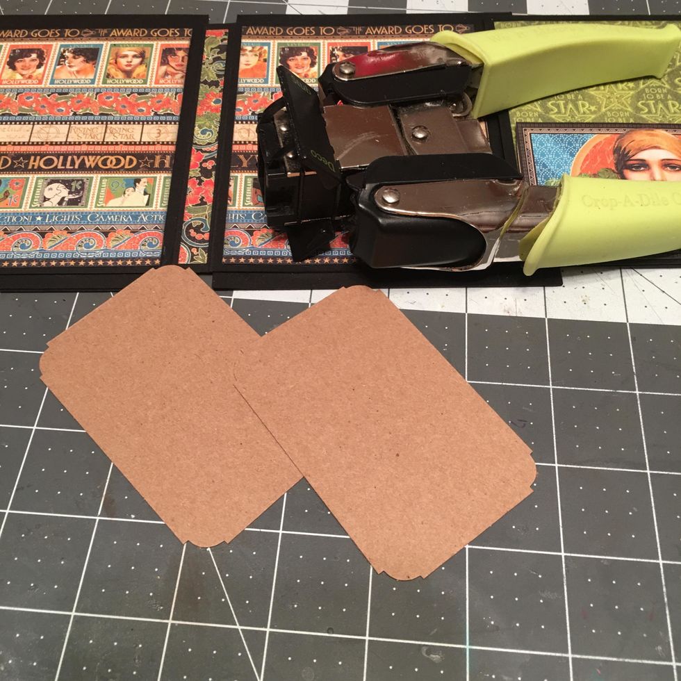 Cut 2 each 2 1/4" x 3 1/2" out of kraft cardstock scraps to make photo mats. Decorative punch the corners if desired. I used the Deco Punch on these tags.