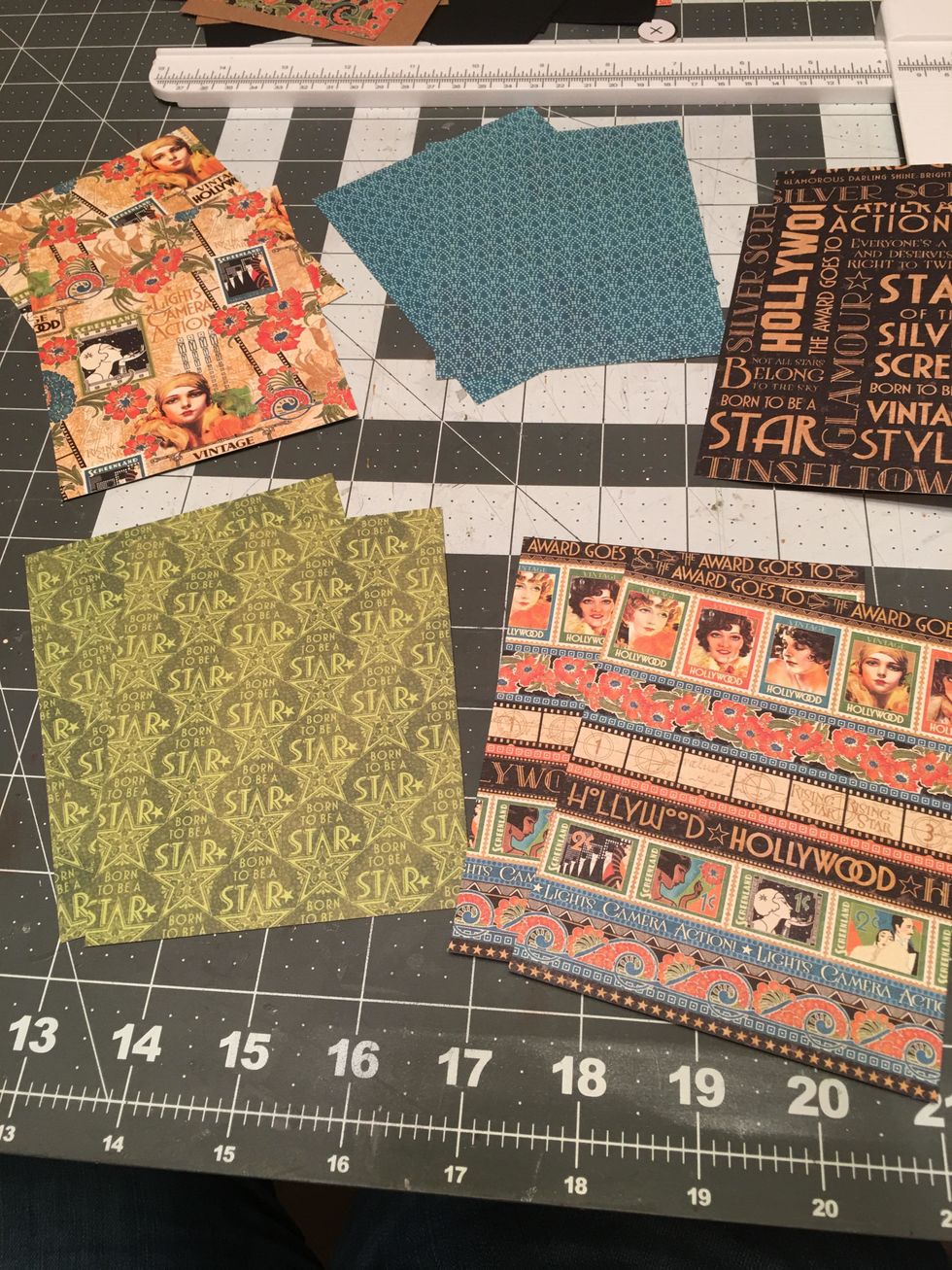 Cut 2 each 3 3/4" wide x 4 3/4" tall out of each of the following prints: Dazzling Diva, Dazzling Diva(Blue), Glitz & Glamour(Green), Glitz & Glamour and Silver Screen for the album pages.