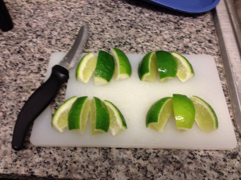 Cut 2 full limes into 8ths or 6ths depending on size and juiciness. Run lime around the cups rim with lime juice to help kosher salt stick. Use for garnish, add as a the final step in preparations.