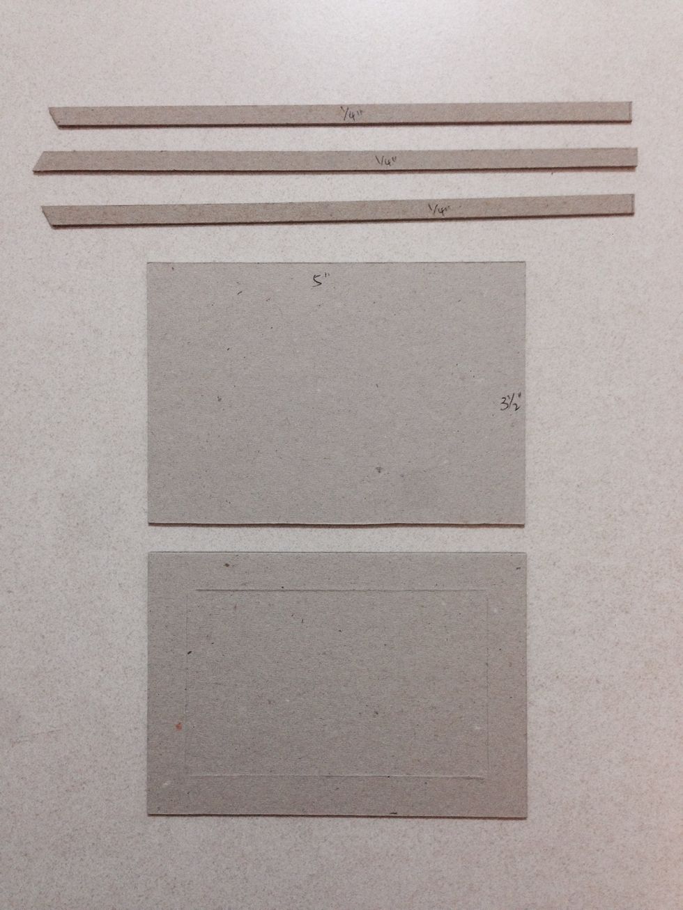 Cut 2 pieces of chipboards into 5" x 3.5" and 3 strips of 1/4" in width...