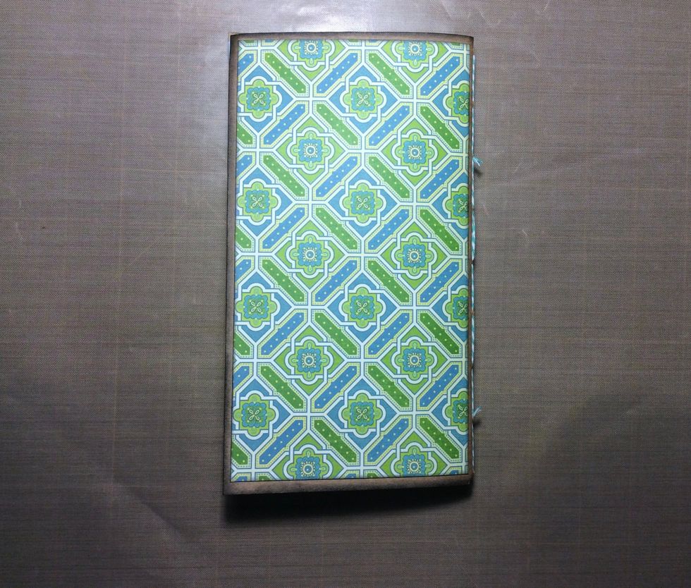 Cut 2 pieces of designer patterned paper at 4 3/8 x 8 1/8 inches adhere to to front and back centrally.