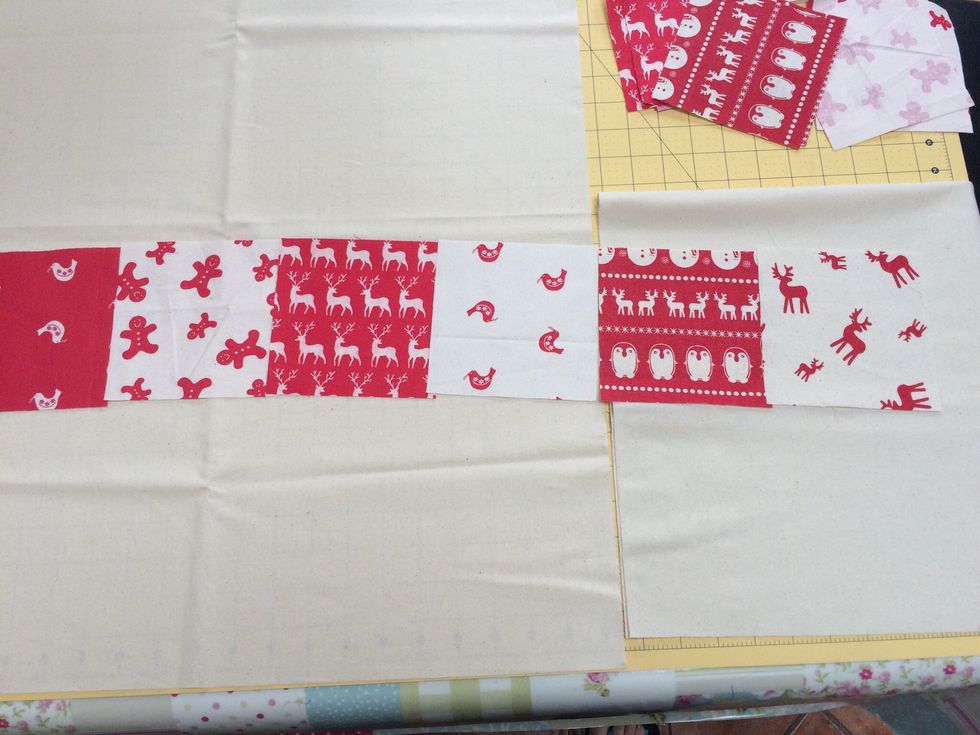 Cut 24 squares , 5inch x 5inch . I used 6 fabrics x 4 square. Cut 2 of 22 x 27 in main fabric and 1 of 22 x 27 in batting. Sew 6 squares together x 4 times