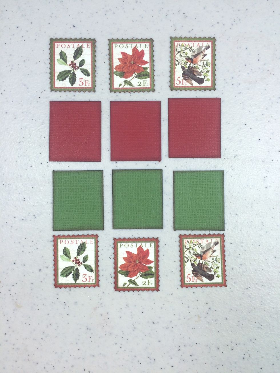 Cut 3 pieces from red cardstock at 1 3/16" x 2 7/16 each. Do the same with green. Ink all edges. Adhere postage stamps to cardstock pieces.