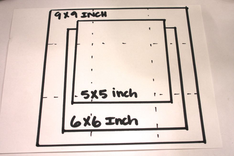 Cut 3 sheets of Simple Stories Homespun 12x12 into 1-9x9, 1-6x6, and 1-5x5. You can actually make your box any size just make the two larger sheets divisible by 3.