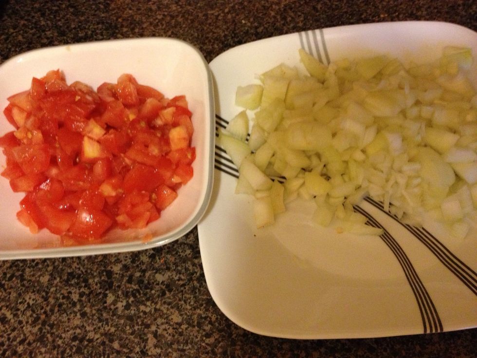Cut 3 tomatoes and 2 onions into small dice this is all based on 4 people