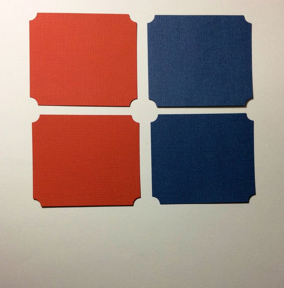 Cut 4 card stock rectangles (2 blue and 2 red) measuring 3 1/2 x 3 inches. Corner chomp or round all corners.