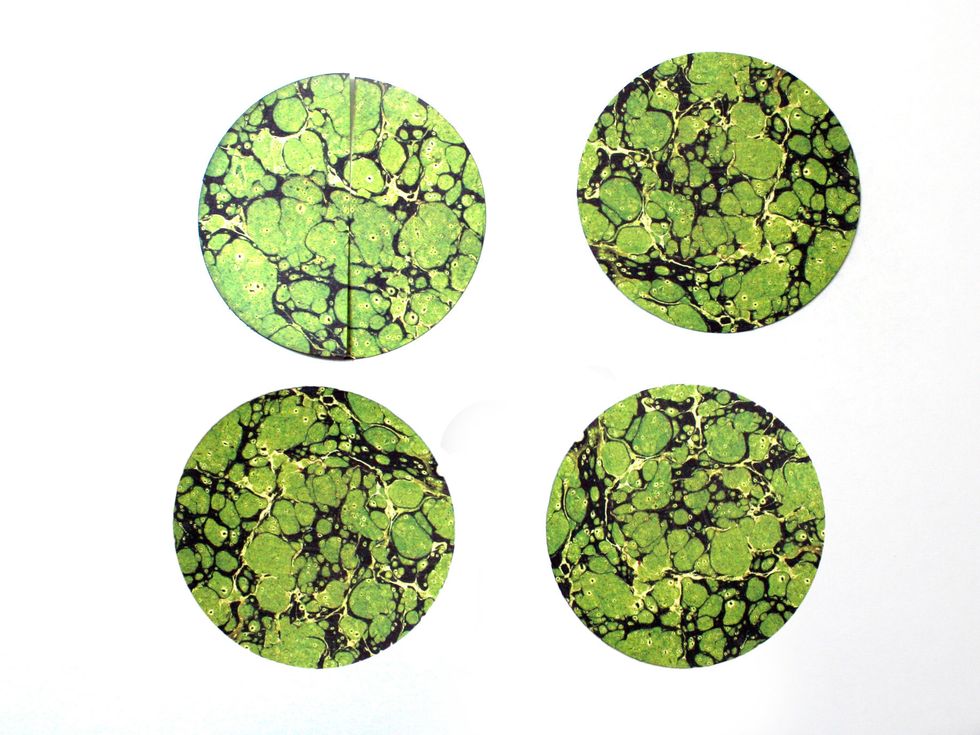 Cut 4 circles about 3.25" in diameter from Nature Sketchbook B side.  Cut one circle in half.