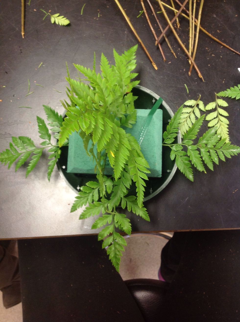 Cut 4 pieces of leather leaf the same size as the top two and place it evenly around the bottom of the floral foam.