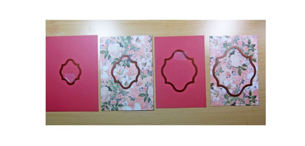 Cut 4 rectangles, Largest 5 x 7", then 4 3/4 x 6 3/4", 4 1/2 x 6 1/2", and 4 1/4" x 6 1/4". Using nesting dies & cut in the center of each, smallest die on largest piece of paper and graduate up.