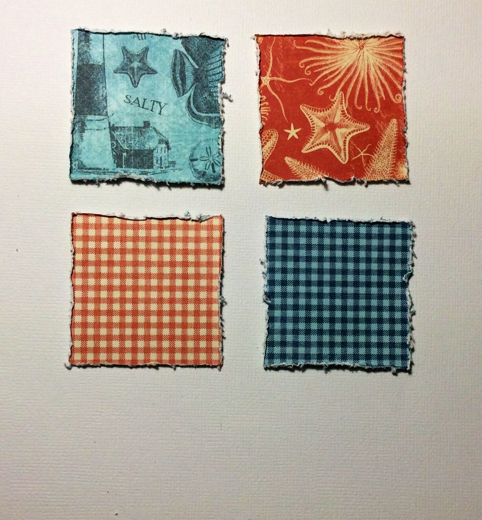 Cut 4 squares at 2 x 2 inches from the by the sea 8 x 8 paper pad. Distress edges using a distressing tool or similar.
