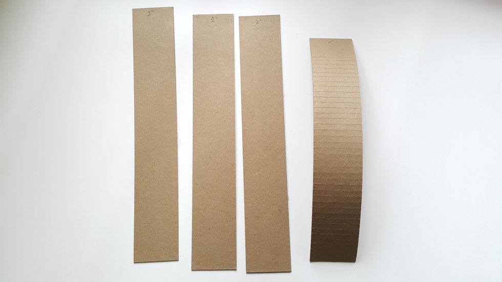 Cut 4 strips of 2"x12" and make it curve to fit the hat
