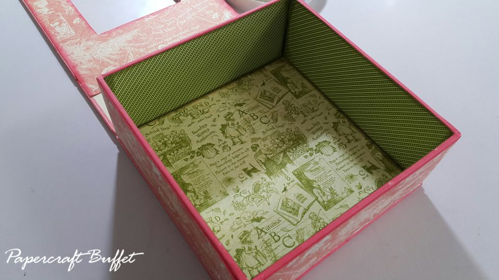 Cut 4pcs of 1-7/8"(H)x4-3/4"(W) for insides, adhere. Then adhere the box open lids with the storage box, which let the open window stand up.