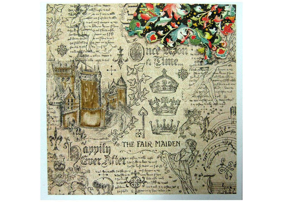 Cut 8"x8" top left square from Medieval Splendor paper. Color the castle with brown distress marker. Cut floral shapes from Sumptuous Floral and adhere to the top right corner of 8"x8" square.