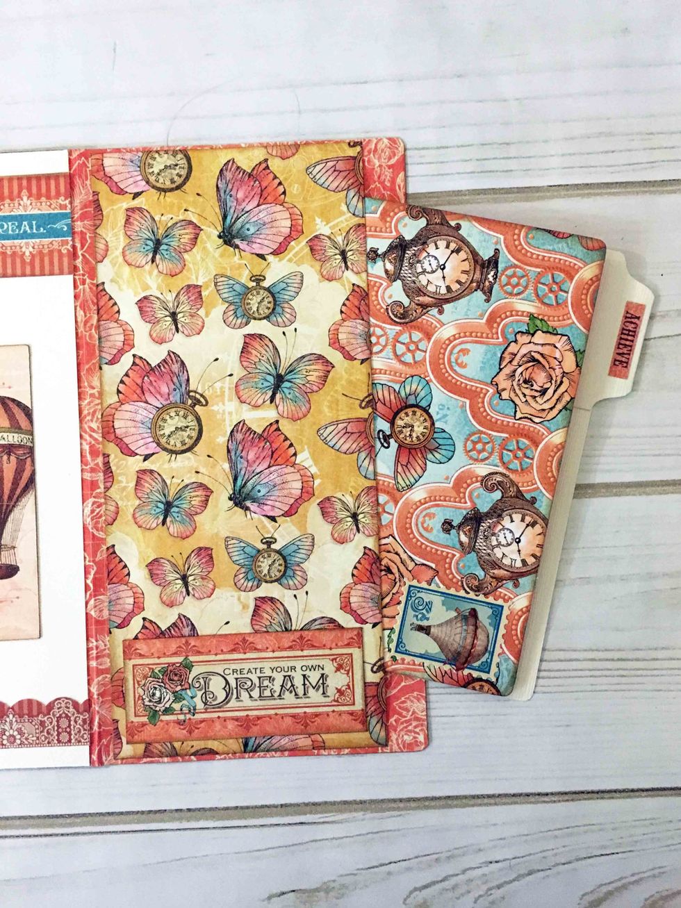 Cut a 3 1/2 x 7 7/8" from Spread Your Wings. Make a pocket on the inside back of the signature by adhering on the left side, top & bottom,  along the edge. See the next page for the slide out folder.
