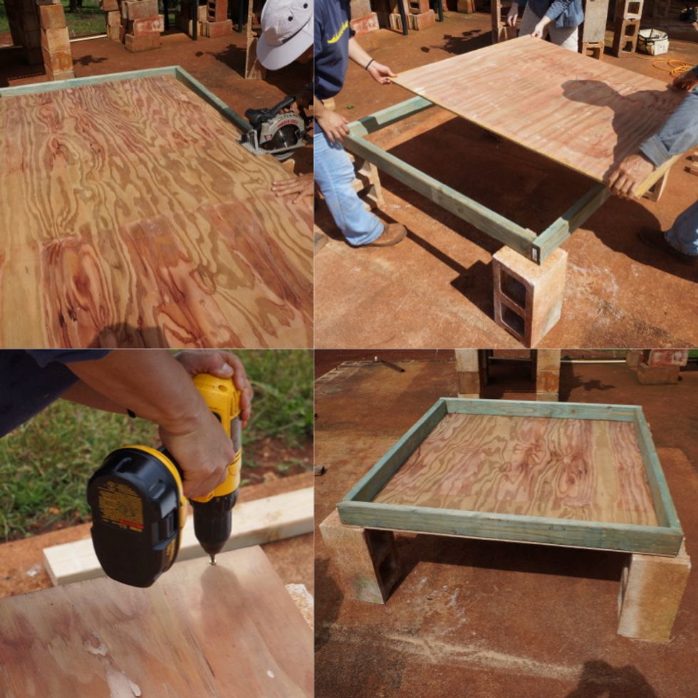 Cut a 3/4 inch plywood to fit the 4x4 foot frame. Secure to the bottom of the 4x4 foot frame.