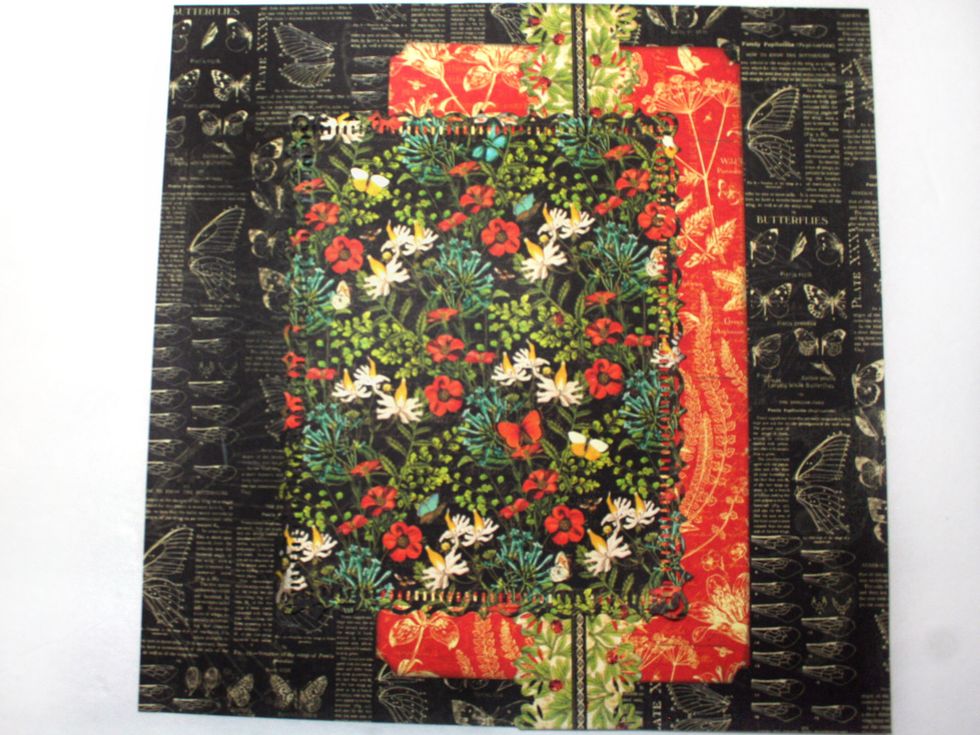 Cut a 5" piece from Diary of a Botanist strip & save the leftover.  Cut a 5" black strip from Seasonal Splendor & center & glue as shown.  Glue strip to the top & bottom as shown 4" from the right.