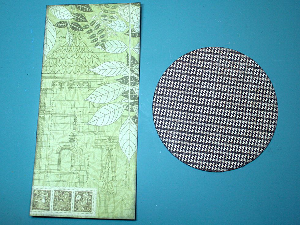 Cut a 6" circle from Botanical News and a 4 7/8 x 10.5" rectangle from Birds in Paradise. Ink the edges of both. Now that we've cut our layers, we'll begin assembly of the first page.