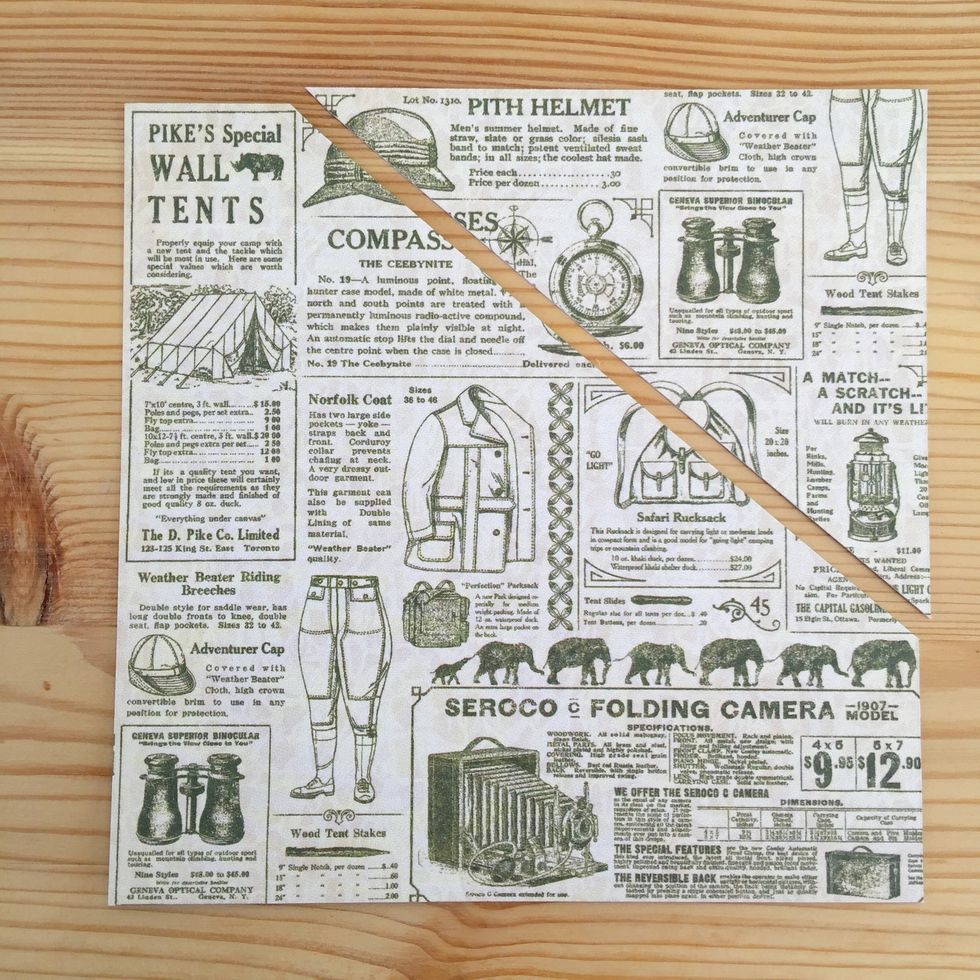 Cut a 6x6 in piece of paper in angle to make a pocket for the inside of the covers.