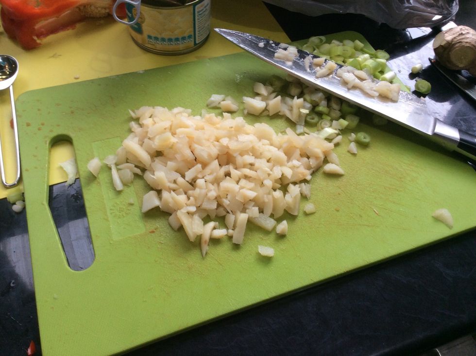 Cut a can of water chestnuts into small pieces. This will be used later