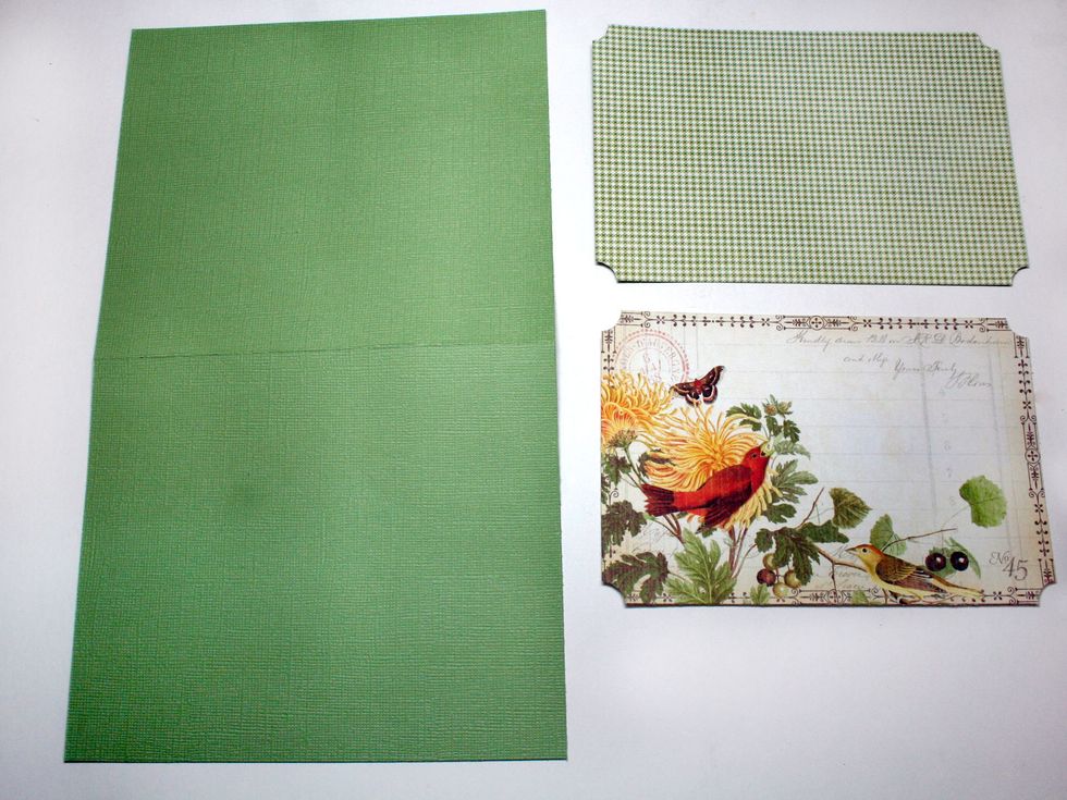 Cut a cardstock base 5.5 x 6.5". Trim the shown cut apart to 3.75 x 5.75". Find the checked green paper in the 6 x 6 pad and trim to 4 x 6". Notch or round the corners for additional interest.