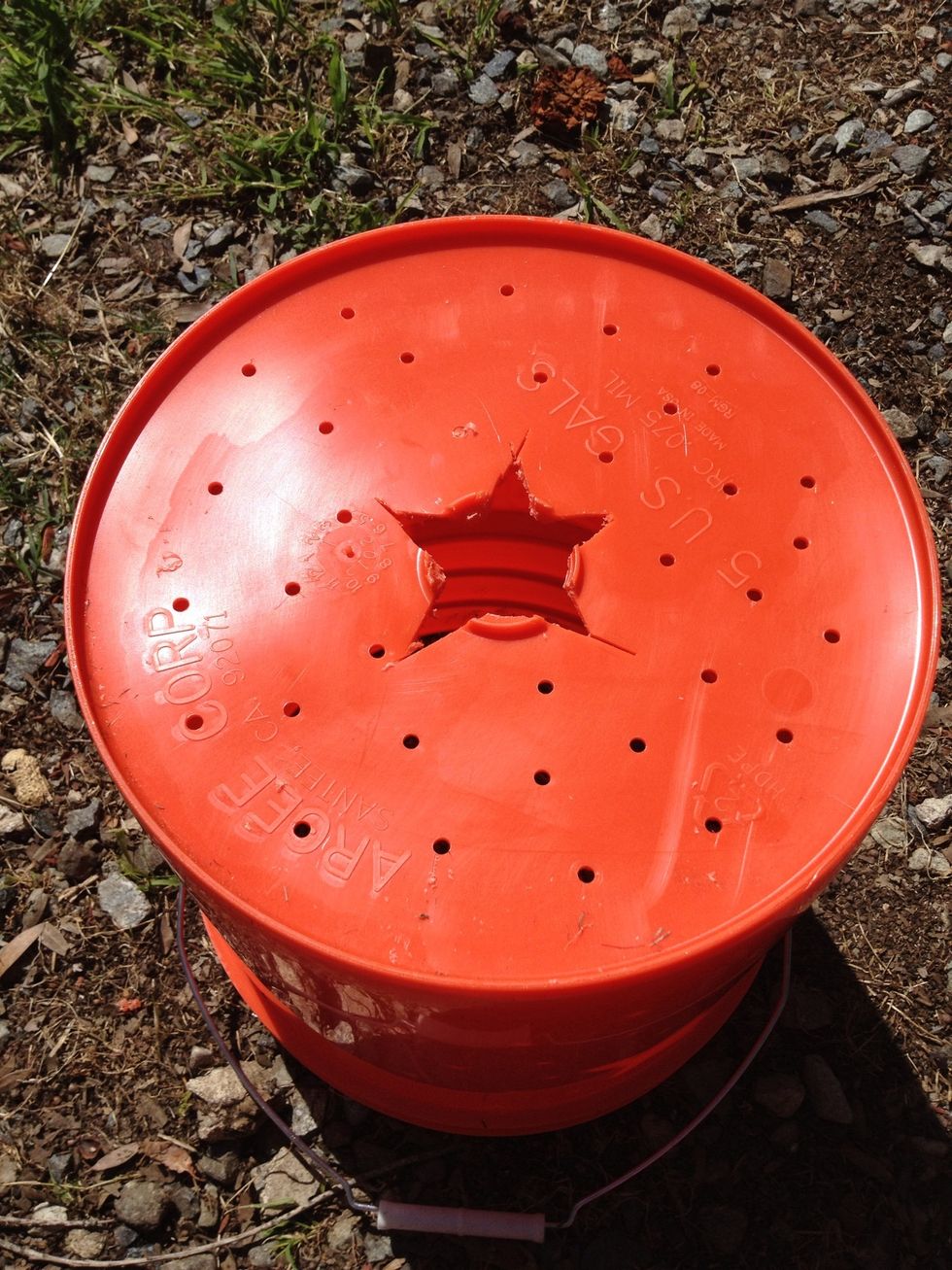 Cut a larger hole about 3 1/2 inches wide into the center of the same bucket. Circle cutters this large for your drill are expensive so I just used a small saw to cut the opening.