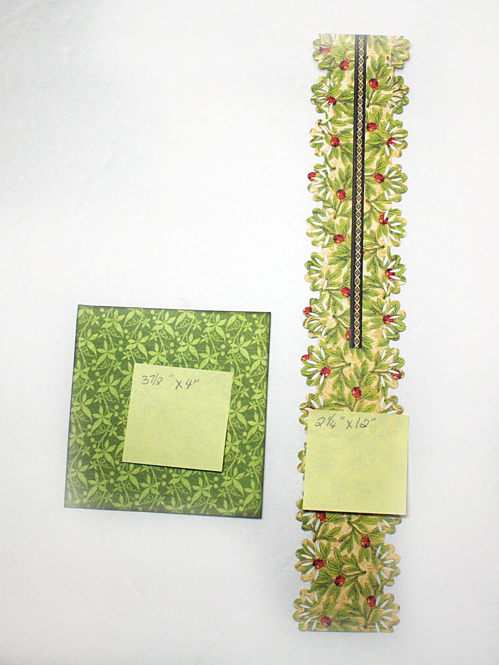 Cut a piece at least 2" wide and 4" long from Flora Fascination.  Use a scrap if you have it!  Cut a piece 2.25 x 12" from Diary of a Botanist & border punch both sides. (con't)