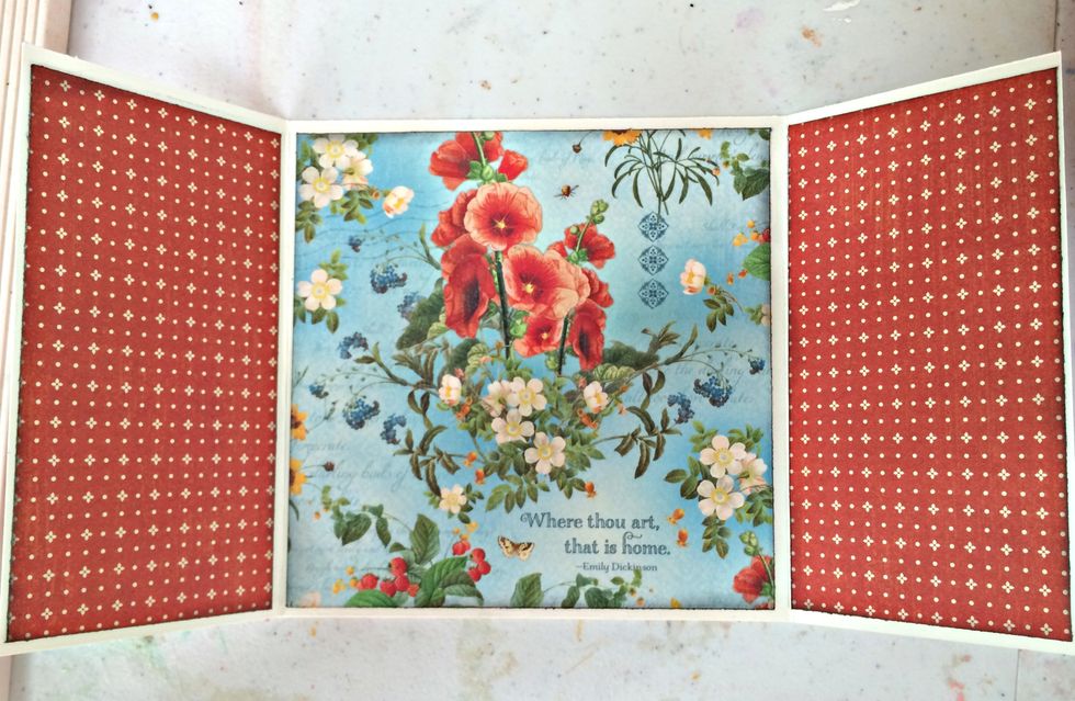 Cut a piece of 5 1/4 x 5 1/4 inch of cardstock for the inside/middle of the card. I used Graphic 45's Home Sweet Home "Garden Fresh". Leave a slight edge of card showing when you adhere the cardstock.