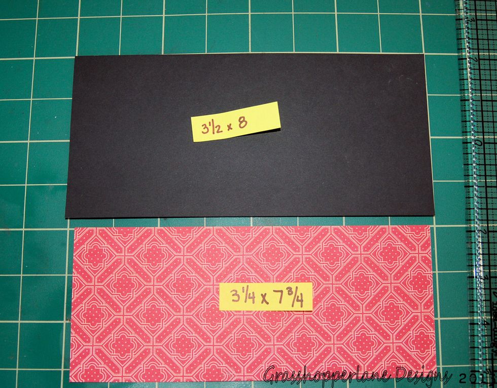 Cut a piece of black cardstock and a piece of decorative cardstock to the sizes in the picture. Adhere. This will make our photo tab to slide into the envelope.