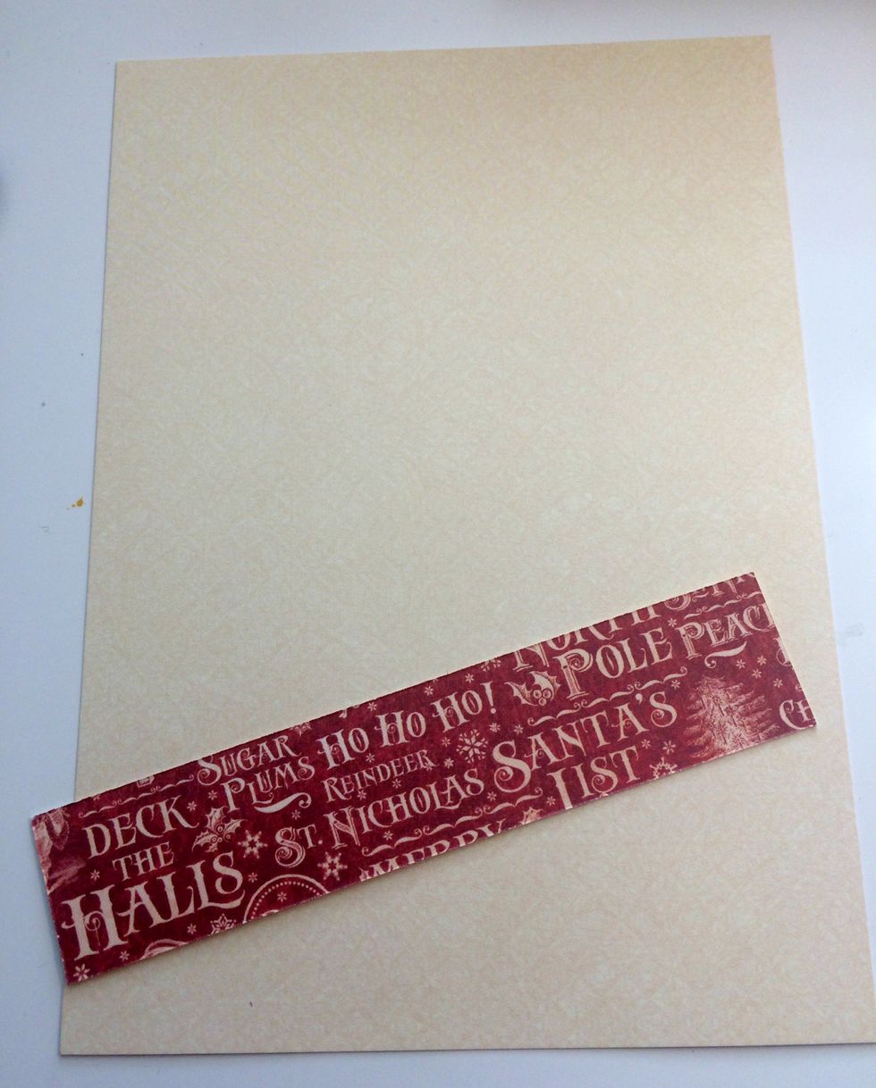 Cut a piece of cream patterned paper that measures 4 7/8" x 6 7/8". From the reverse side, cut a piece that measures 1" x 4 7/8".