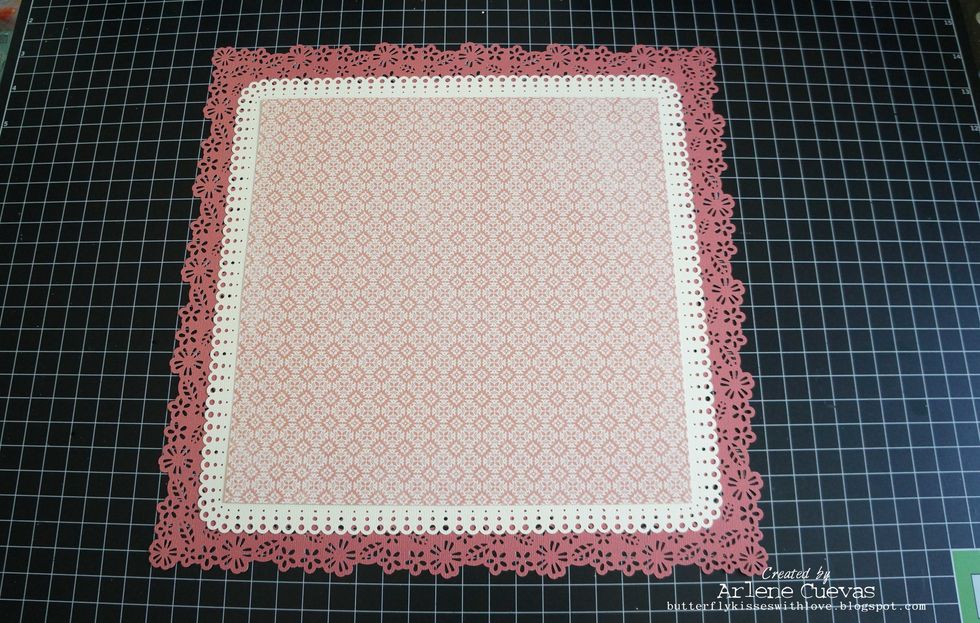 Cut a piece of designer paper to 9" x 9" and layer on top...