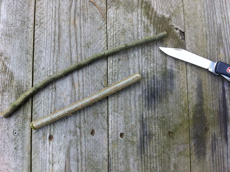 Cut a piece of elderwood, 1,5cm thick, about 20cm long. Also cut another piece of wood. It's not important what kind of wood as long as it is hard.