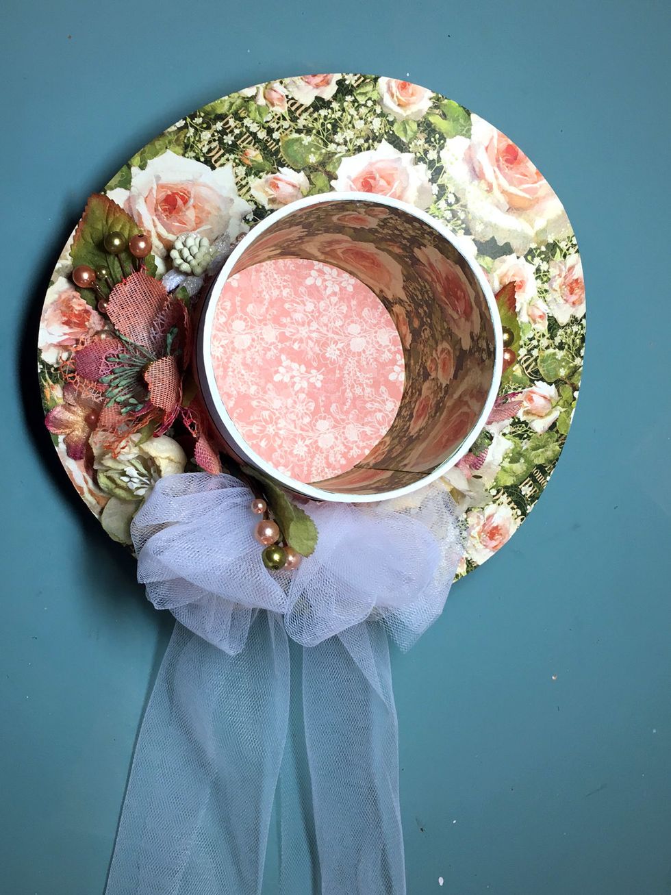 Cut a rectangle 3 7/8" x 12" and glue inside the box. Do this before adding the brim!