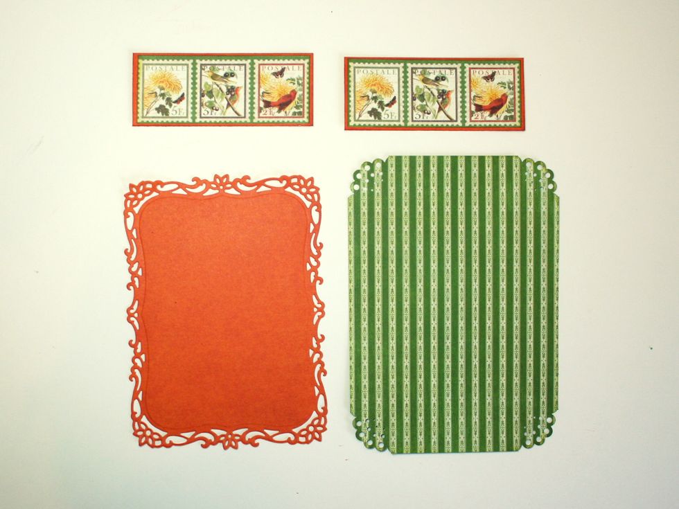 Cut a rectangle from green stripes 4 1/4'w x 6" h and use a corner punch on the corners. Cut a large rectangle frame from solid orange, about 4" w x 5.5" h. (con't next page)