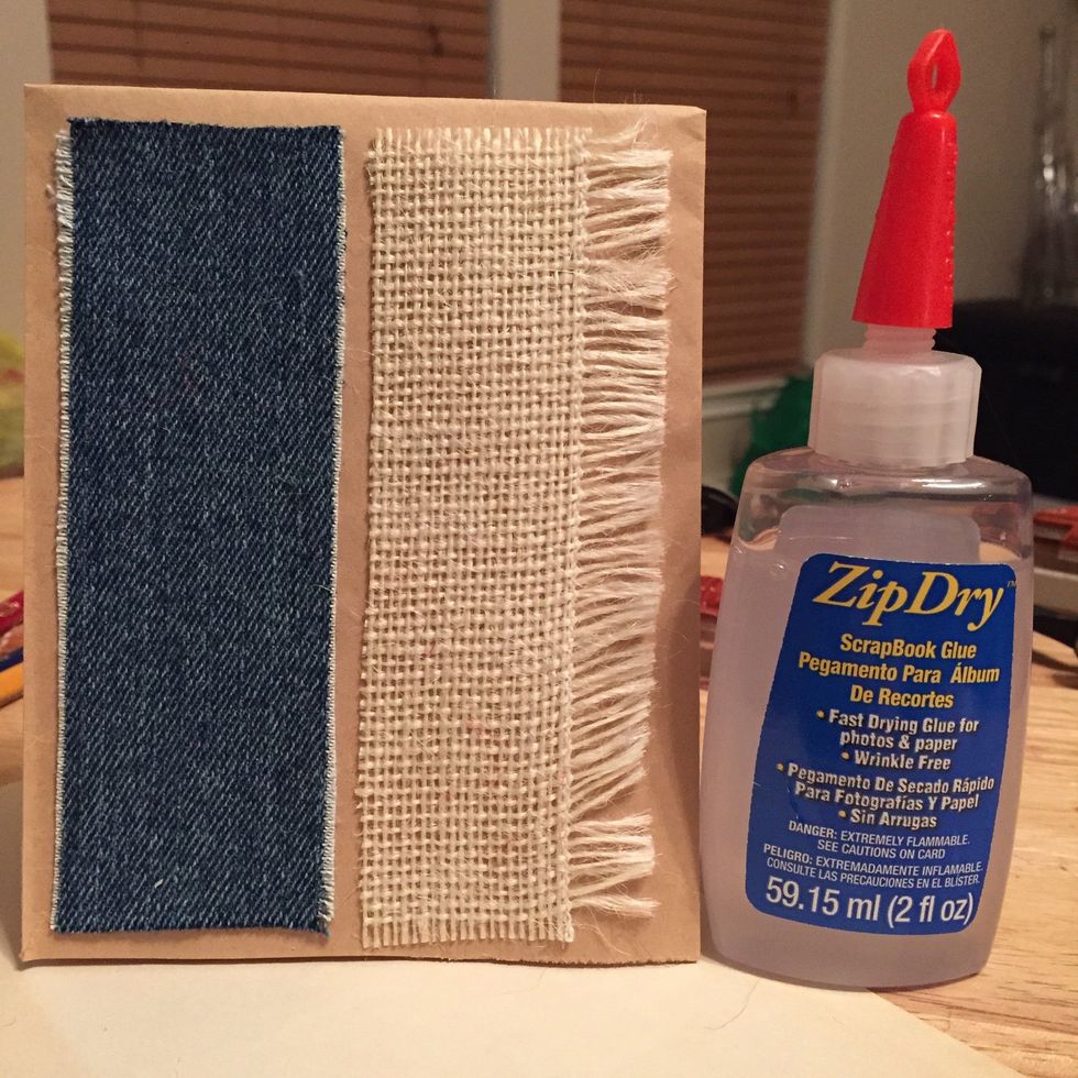 cut a strip of denim and burlap to fit on card front and adhere using Zip Dry