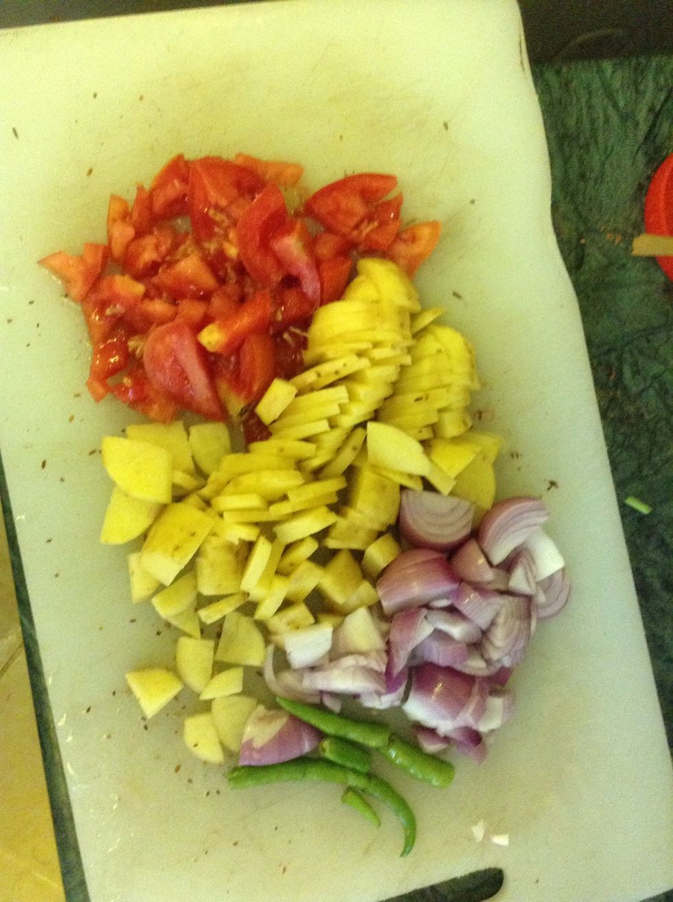 Cut all the vegetable (onion, potatoes,tomatoes, green chilly) I on the other hand grinder them in a paste form