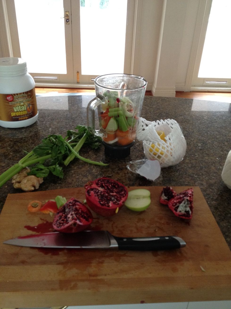 Cut all the vegetables, be careful with the Pomegranate As this can be quite messy. I would still recommend using it because this is full of vitamins and antioxidants!!!!