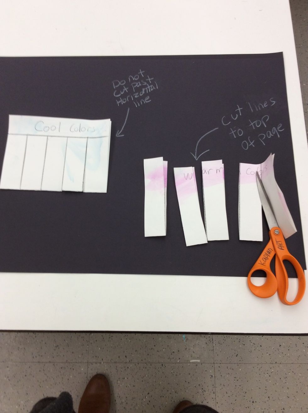 Cut along 4 vertical lines on cool color page but do not cut past horizontal line. Cut along 4 vertical lines on warm color page through top of page so that there is 5 individual strips.