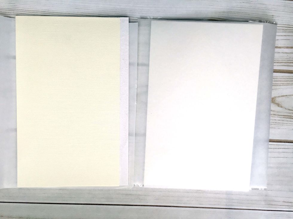 Cut an adhesive sheet to fit ea side of 2 pcs of matboard.  Xyron's Creative Station works well for applying adhesive to each side of the mat board as does Scrapbook Adhesive Sheets.  con't next page.