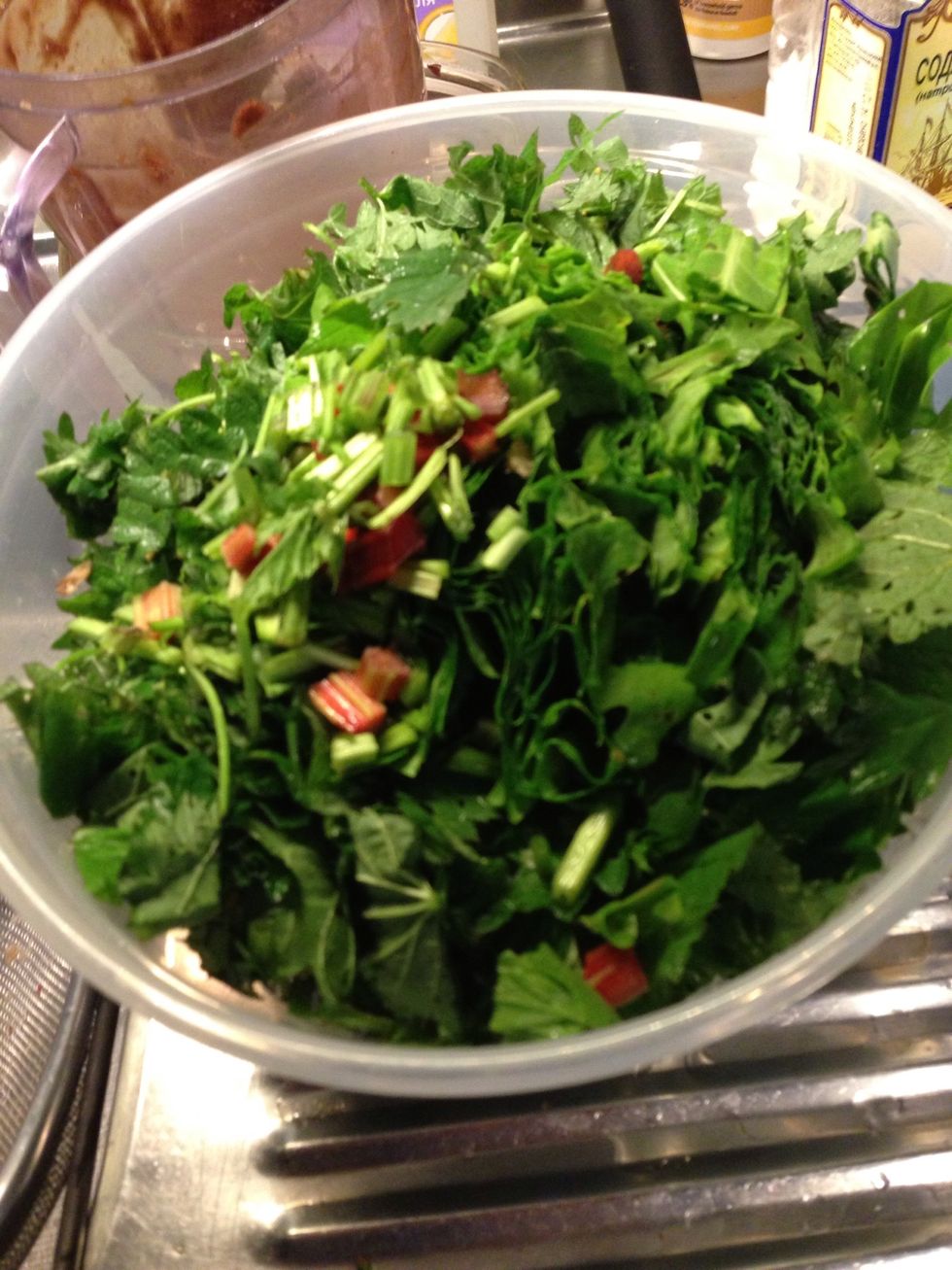 Cut and add all stems, too - we want their vitamins. But chop them really fine since we dont want to pull their fibers from our teeth.