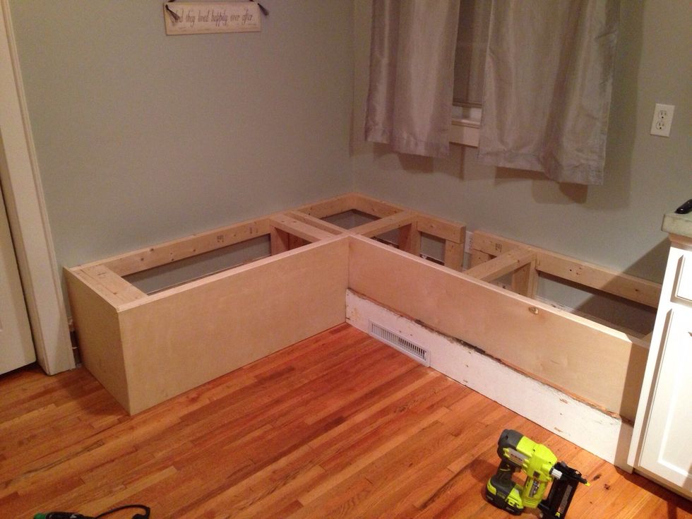 Cut and attach baseboard removed in prior steps to front of bench.
