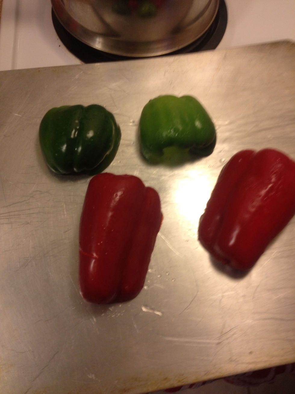 Cut and deseed peppers, roast in broiler