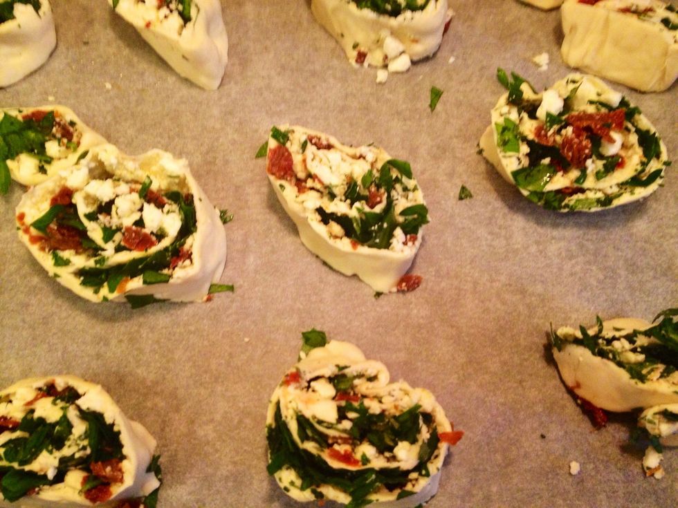 Cut and put on a baking sheet. Bake at 220 degrees C for about 12 minutes.