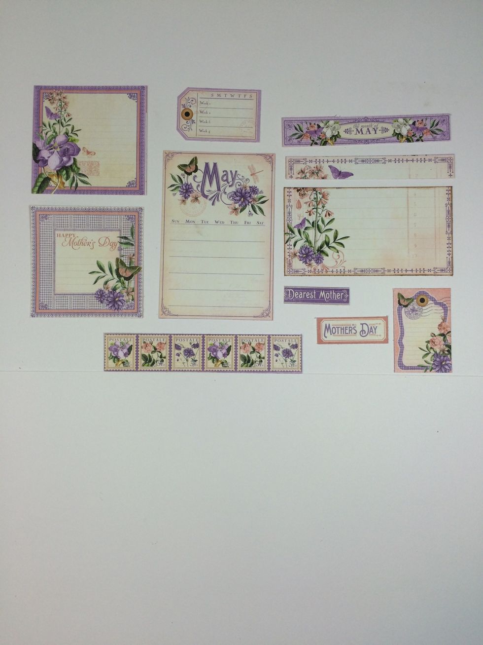 Cut apart all the items from the May Cut-Aparts page in the Time To Flourish 8 x 8 collection. You have the option to ink edges of papers (as I did) or just leave them plain. I used a light brown ink.